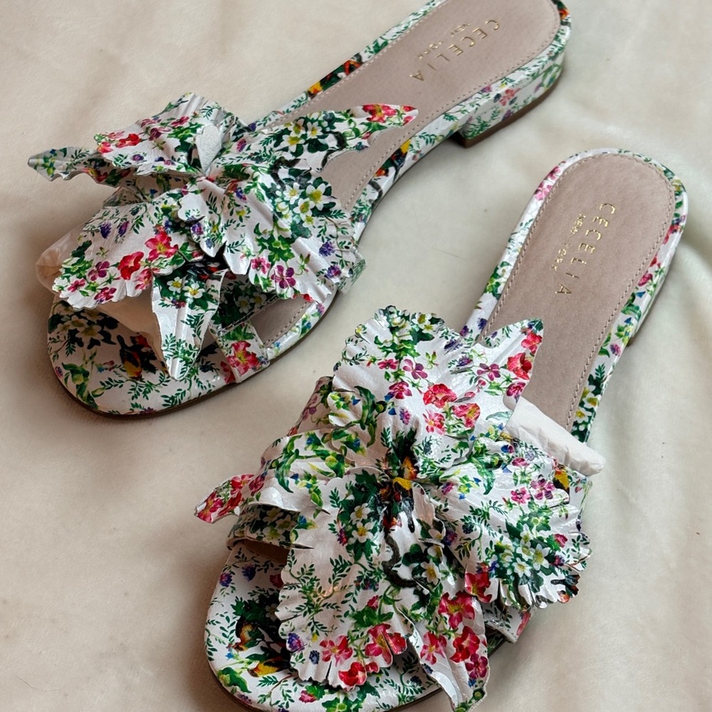 Hibiscus Leather Slide Sandals by Cecelia New York